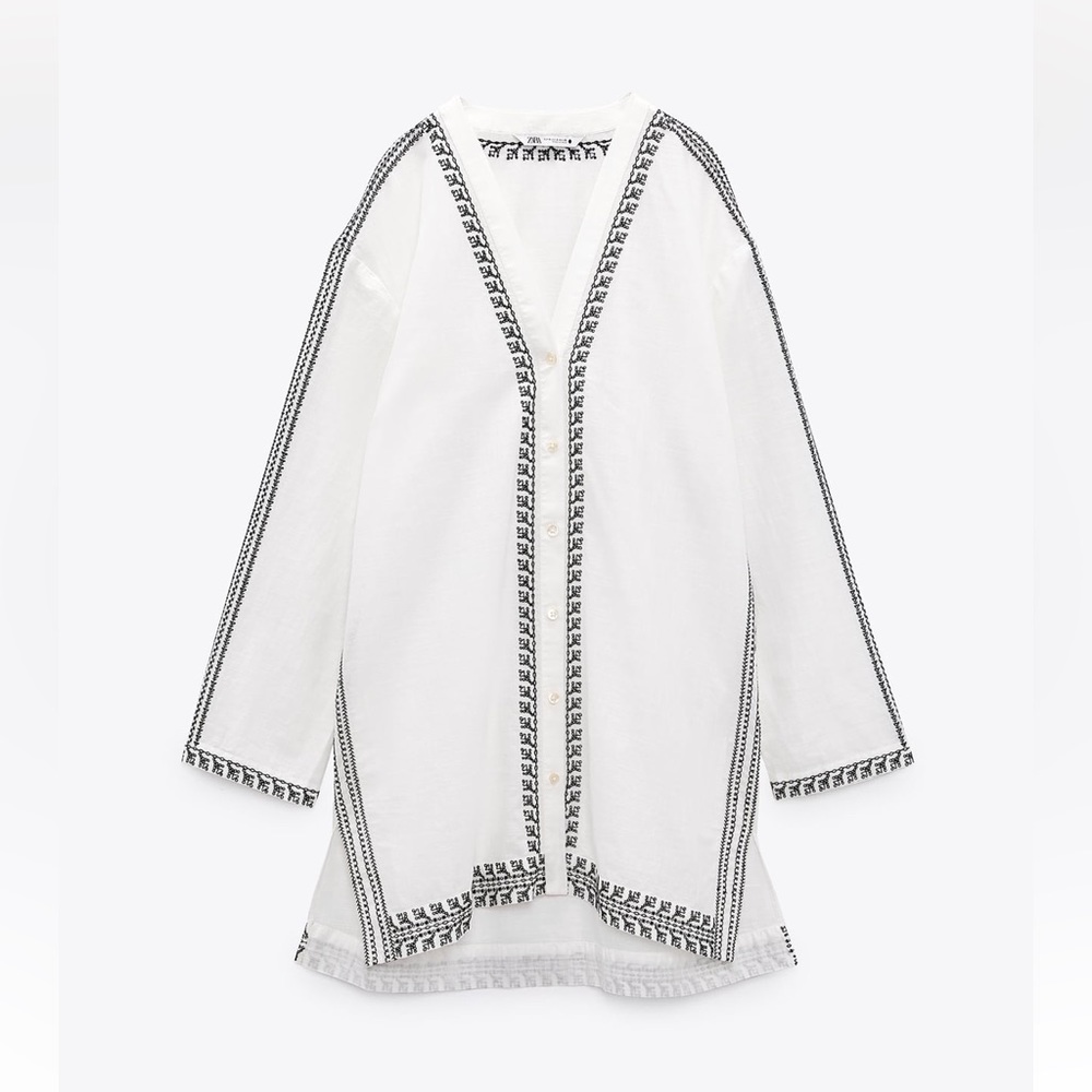 Zara EMBROIDERED TUNIC DRESS. Oyster White. Sizes L, XL. New with Tags. - Picture 6 of 9